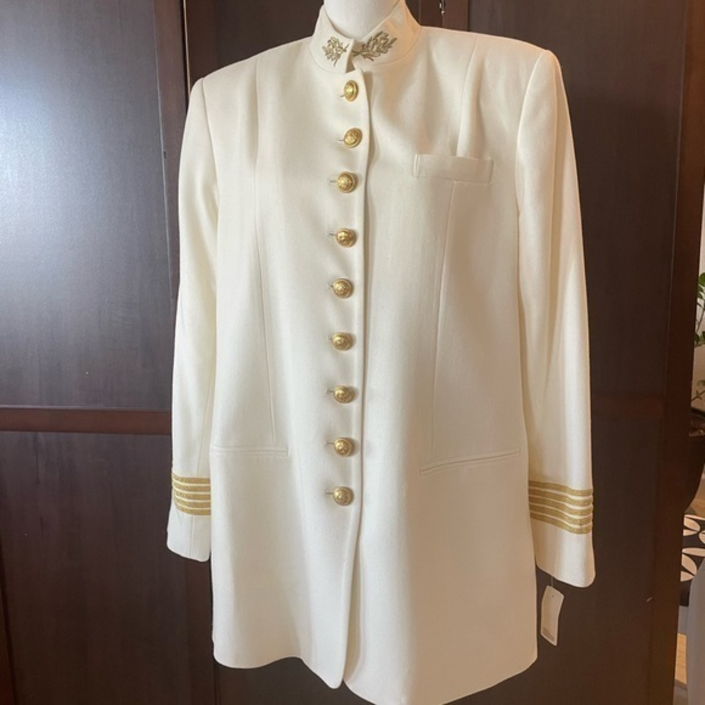 Valerie Stevens White Blazer with Gold Buttons and Trim